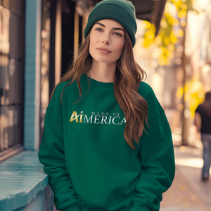 a woman wearing a green sweatshirt and a beanie