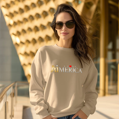 a woman wearing a sweatshirt with the word america on it